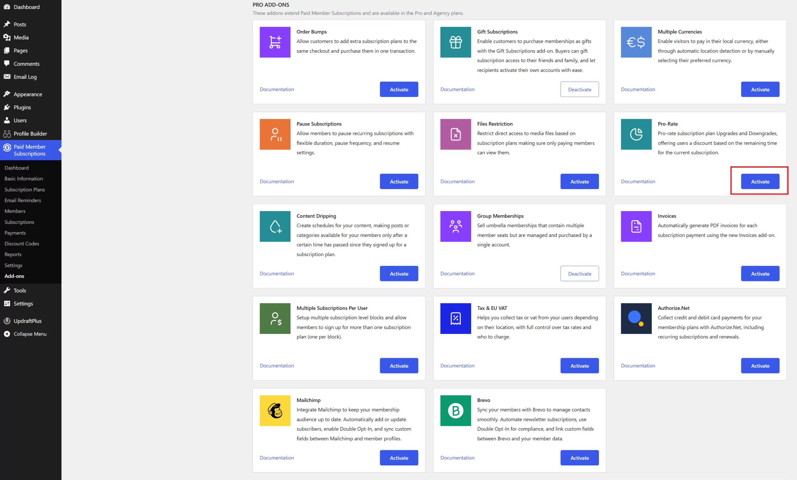 Activating the Pro-rate add-on