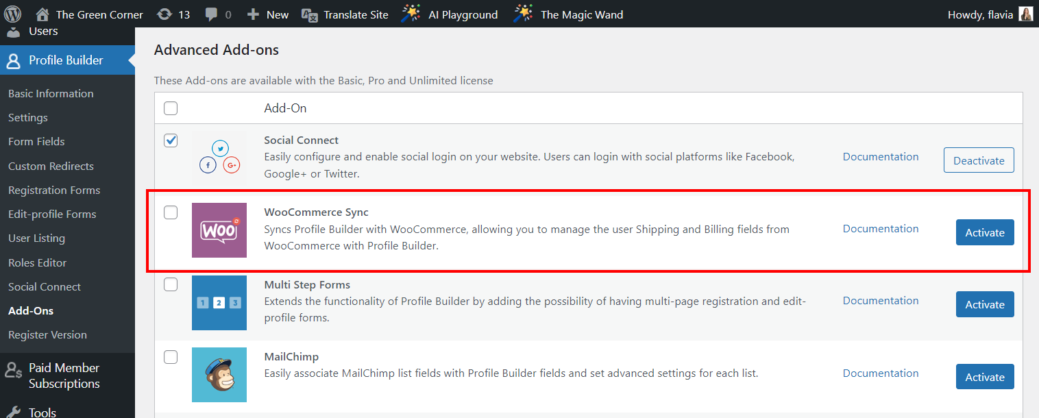 Activate the WooCommerce Sync add-on