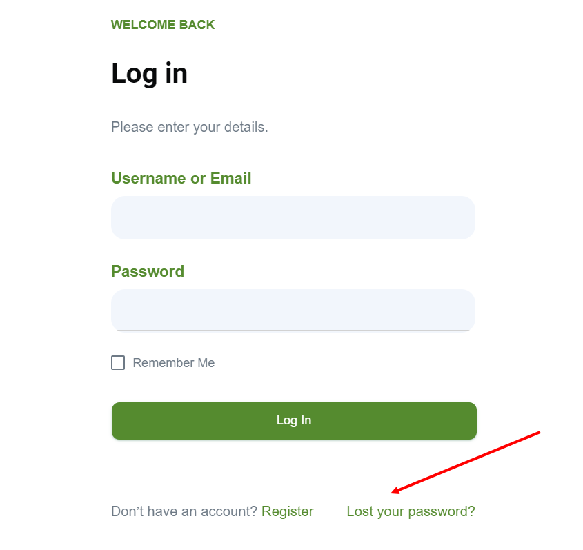 WooCommerce login page with password recovery and registration links