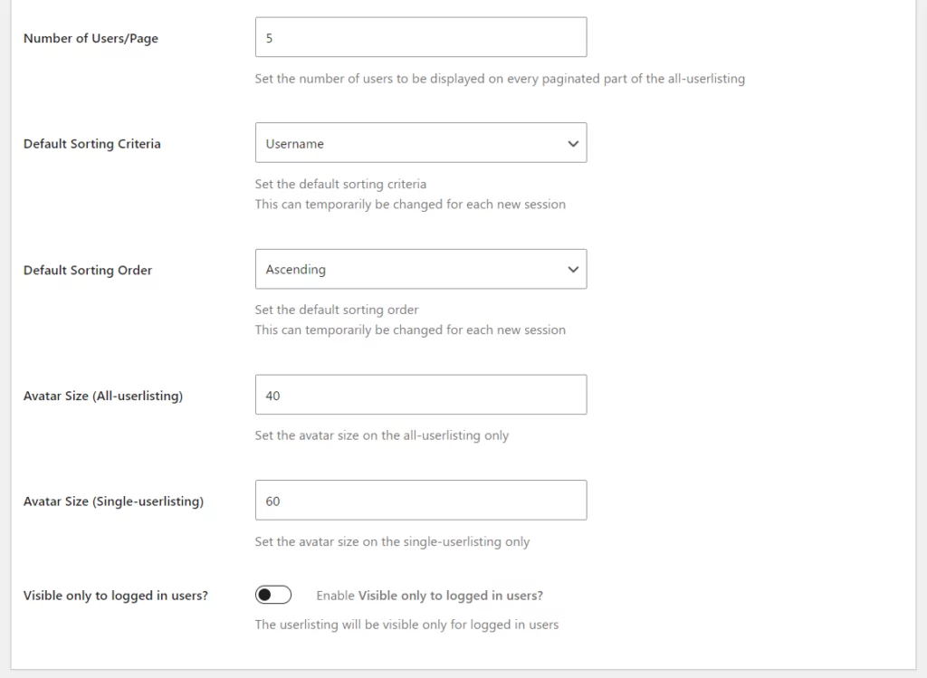 User listing settings