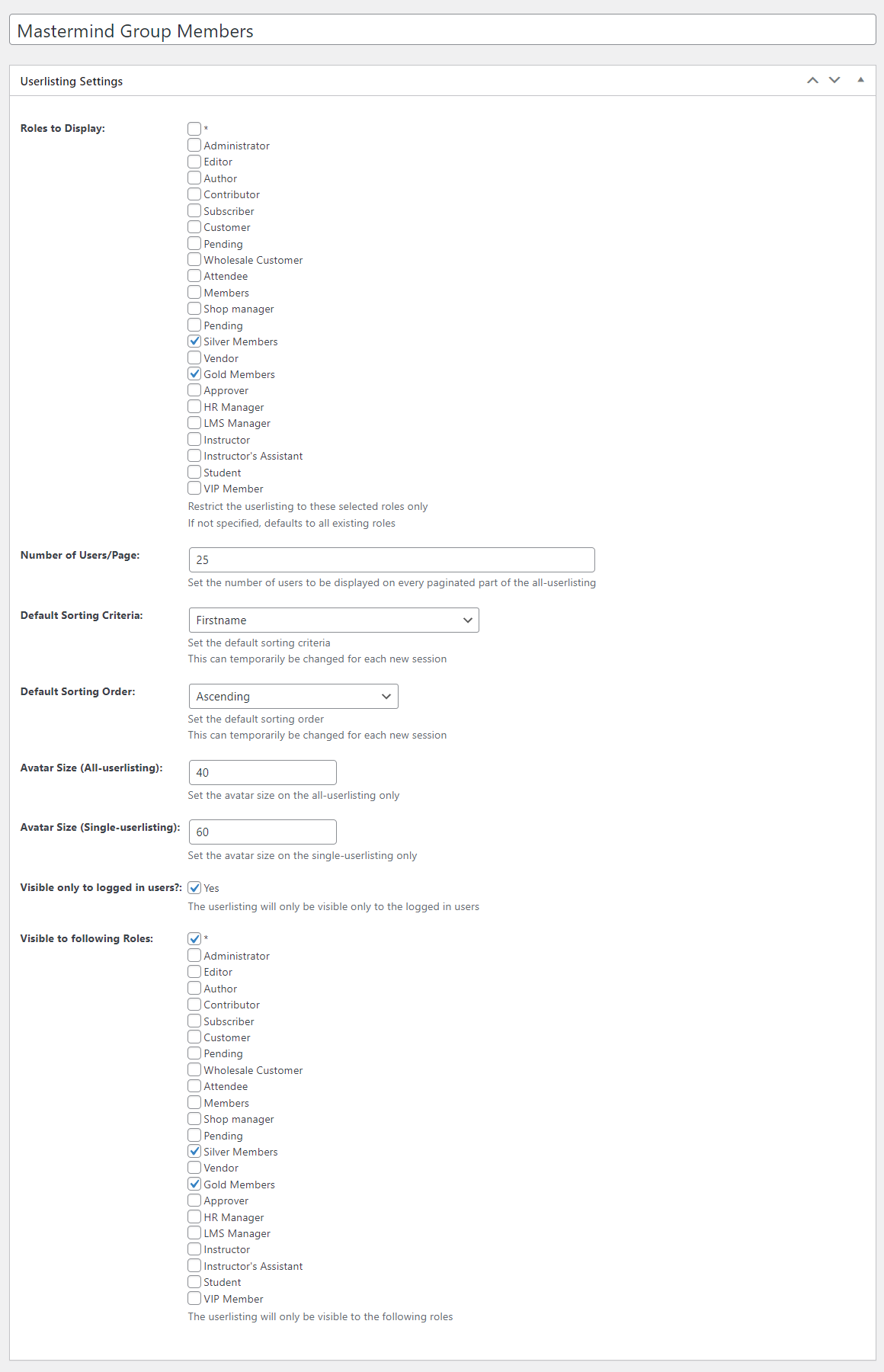 User Listing settings