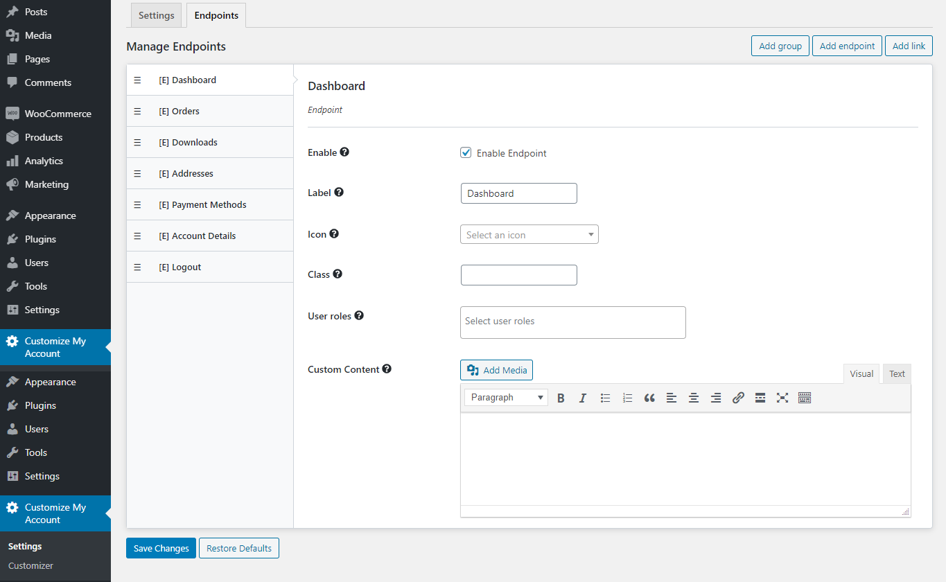 Customize My Account for WooCommerce adding custom endpoints