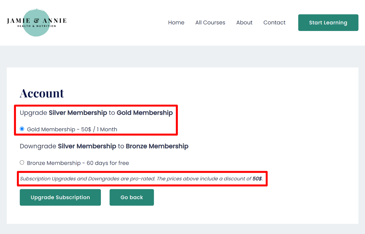 Prorated membership upgrade example