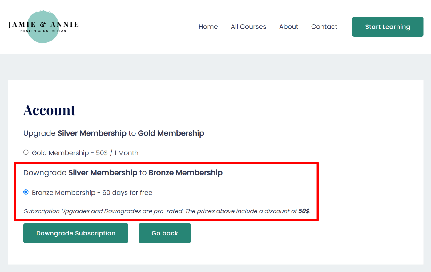 Prorated membership downgrade example