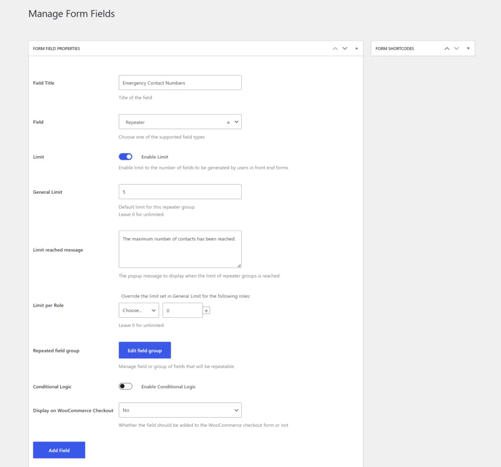 Repeater field configuration settings