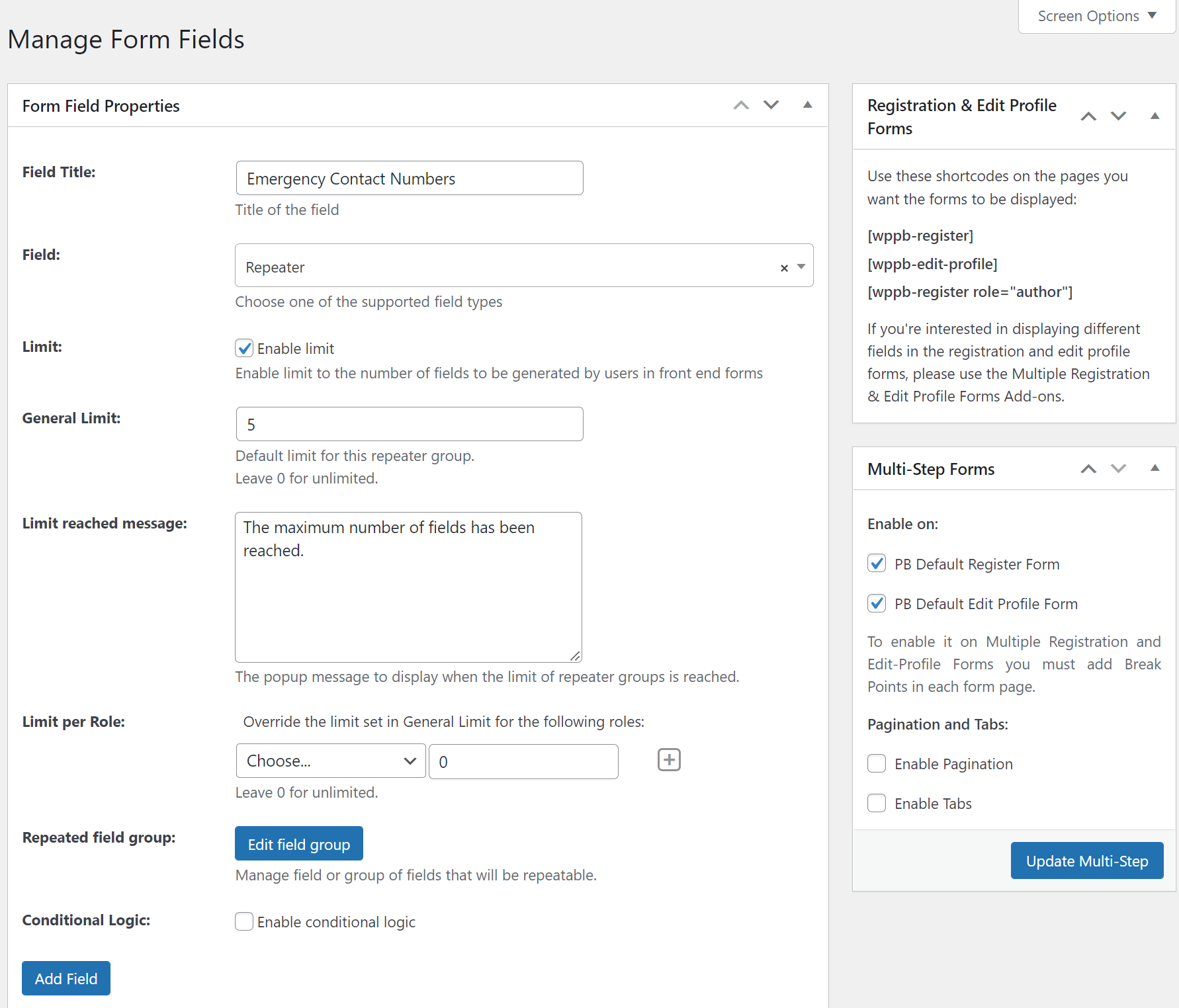 Repeater field configuration settings