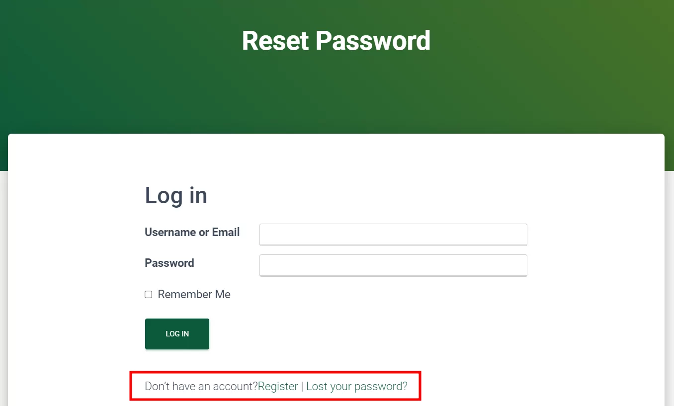 Login page with link to forgot password page