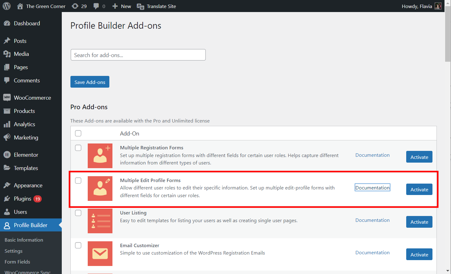 Activating the Multiple Edit Profile Forms add-on