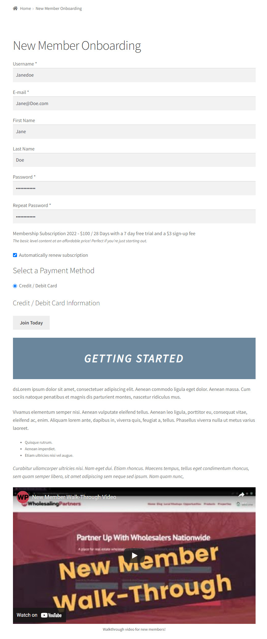Membership onboarding page preview