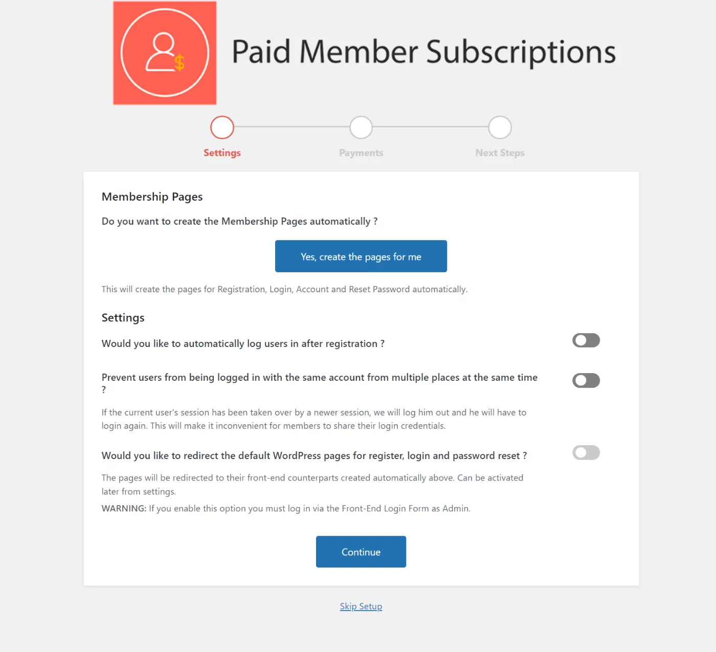 Paid Member Subscriptions setup wizard