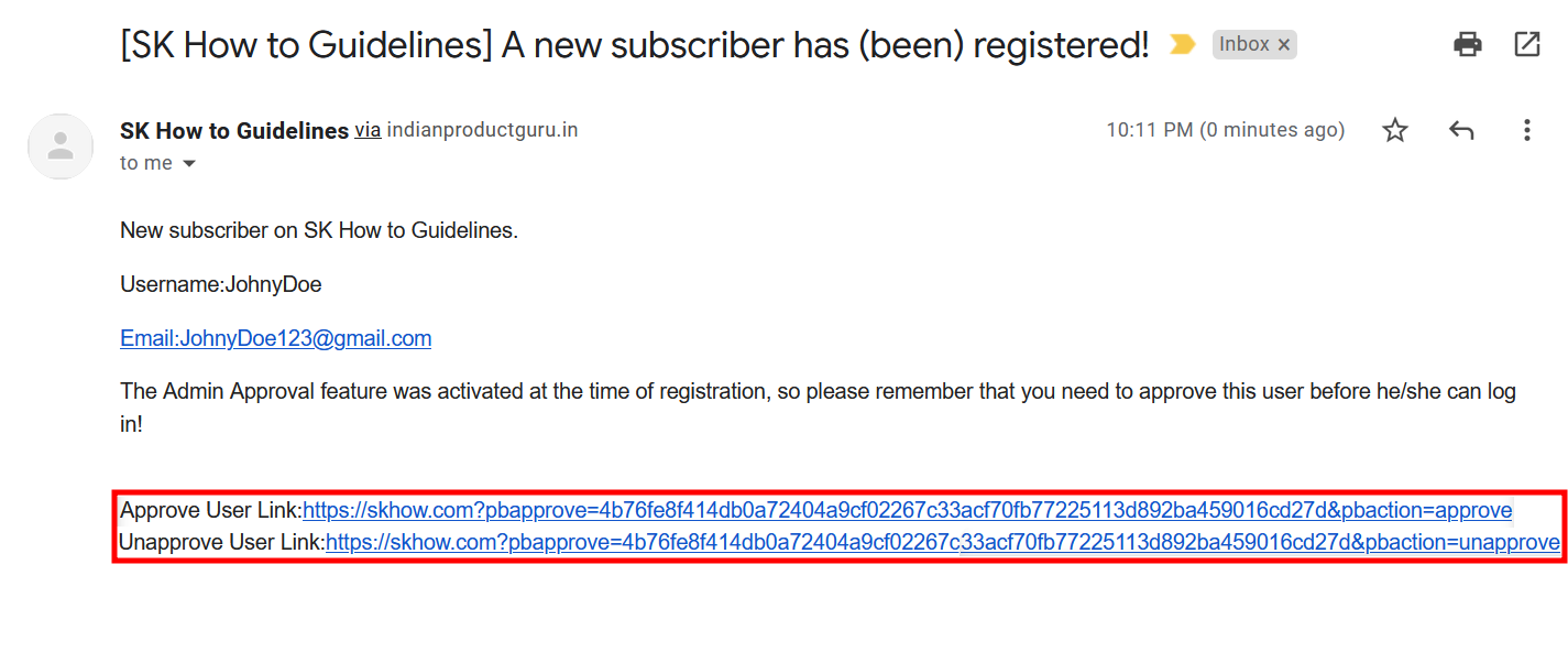 Approve and unapprove links in the registration notification email