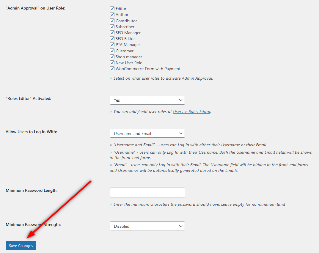 Save changes with your desired user registration approval settings
