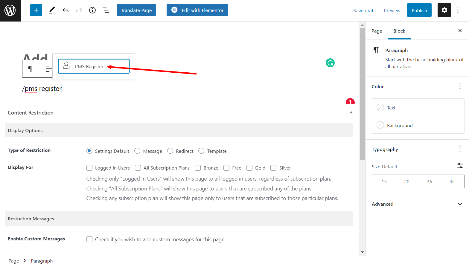 Adding a registrastion form using Paid Member Subscriptions
