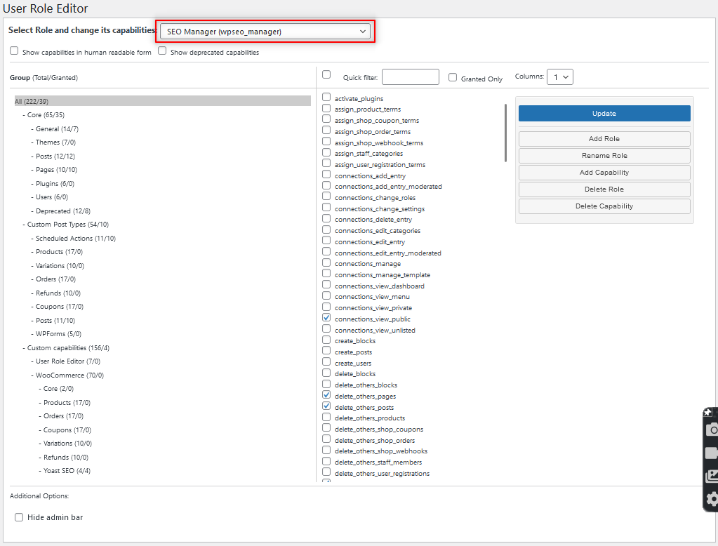 User Role Editor for managing user permissions