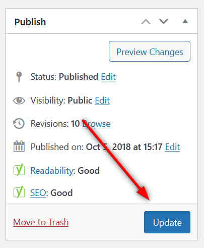WordPress page Update button