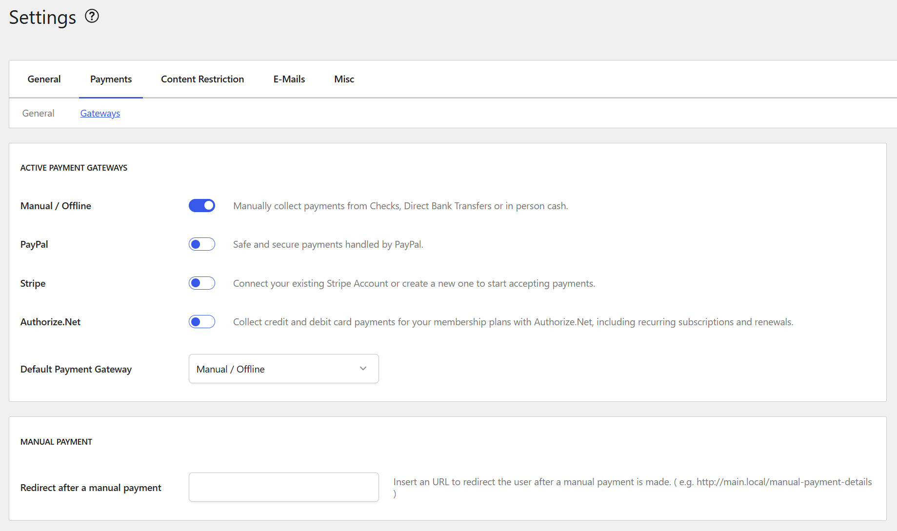 Manual/Offline payment gateway activated