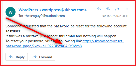 Reset password link in email