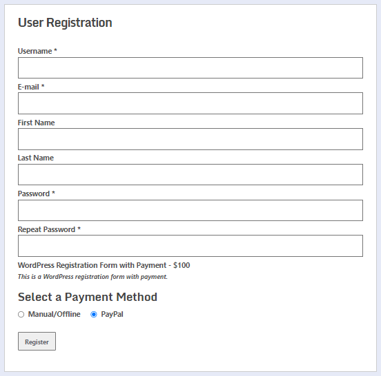 WordPress registration form with payment