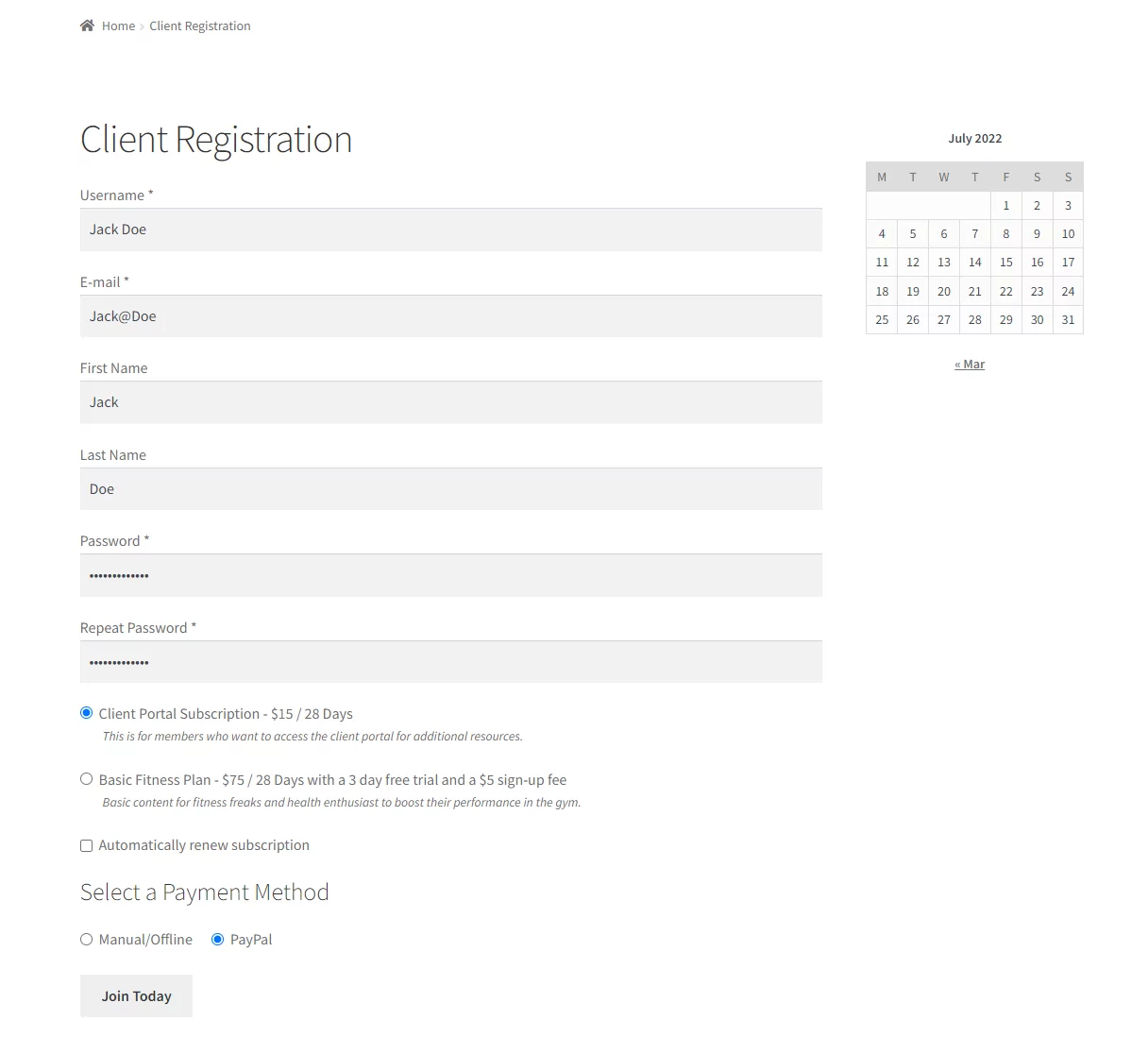Client registration form