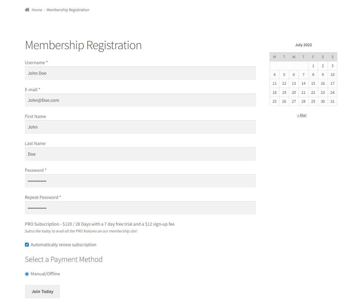 Trial size memberships