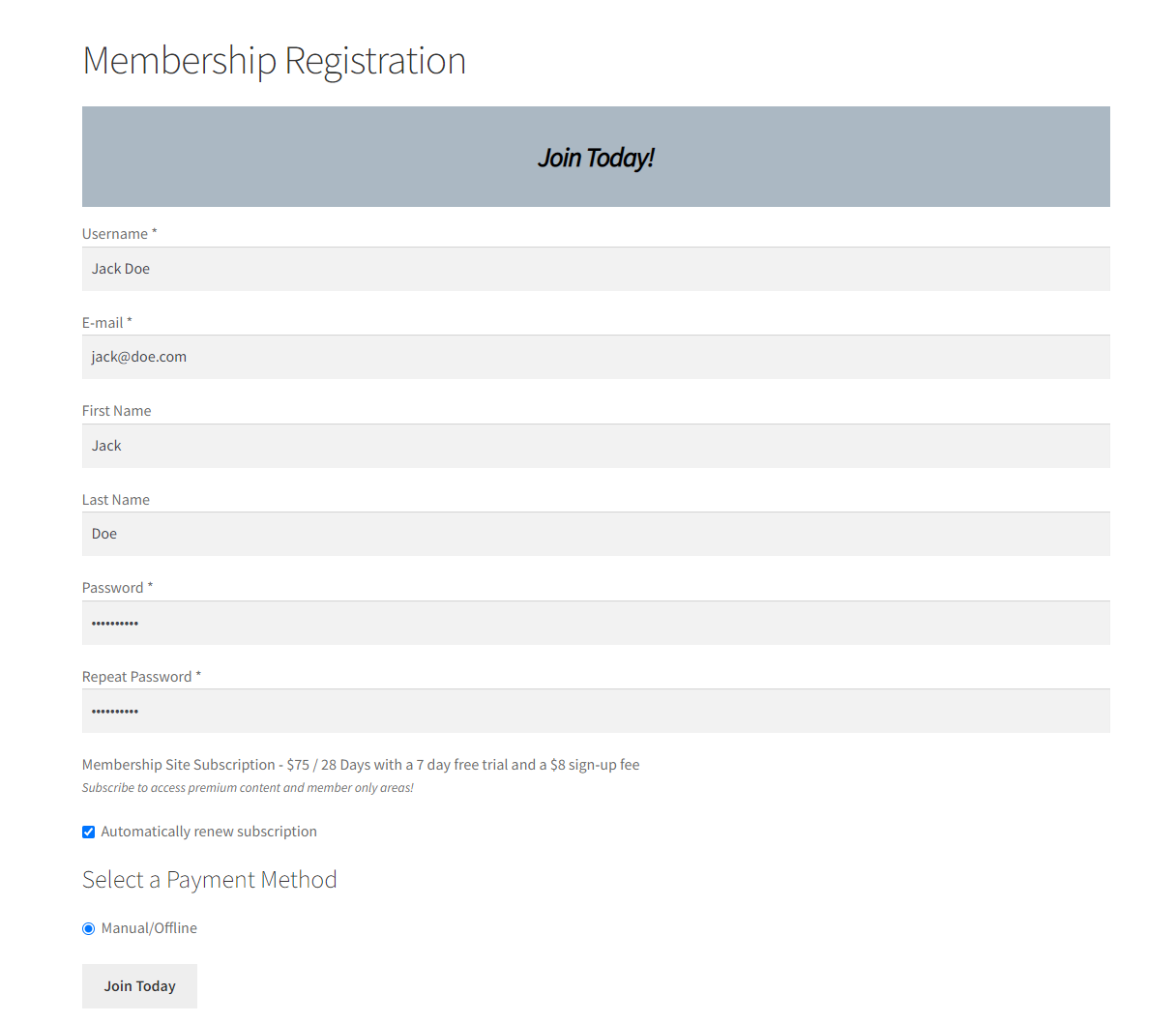 Registration page preview