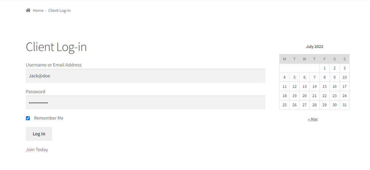 WordPress customer portal login page