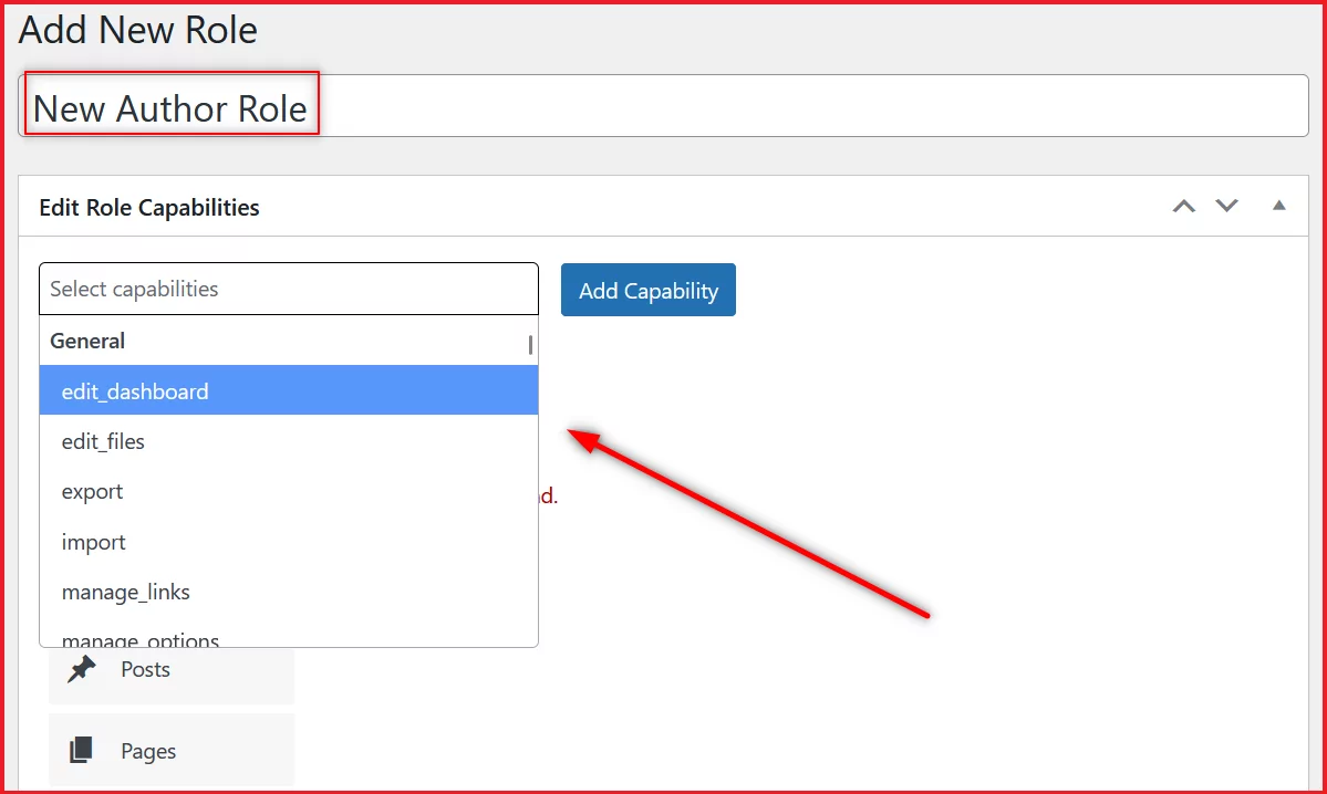 Select the capabilities for new user role