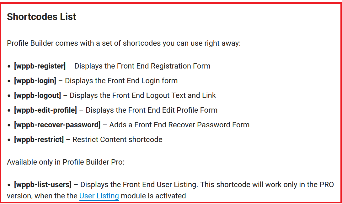 Profile Builder Pro shortcode list