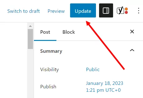 WordPress page Update button