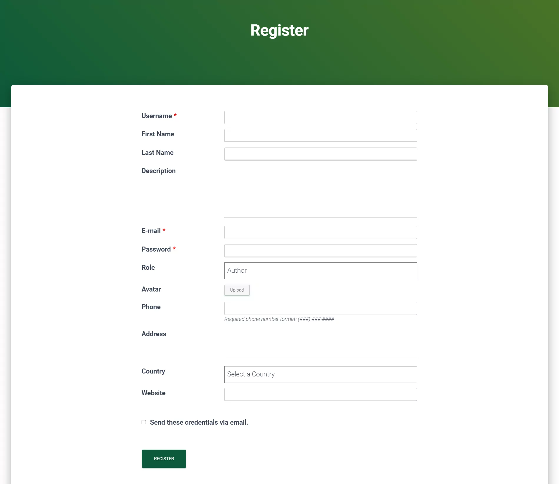 Registration page