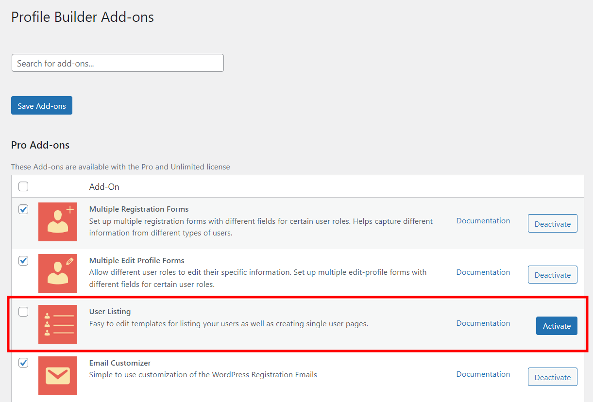 Activating WordPress User Listing add-on