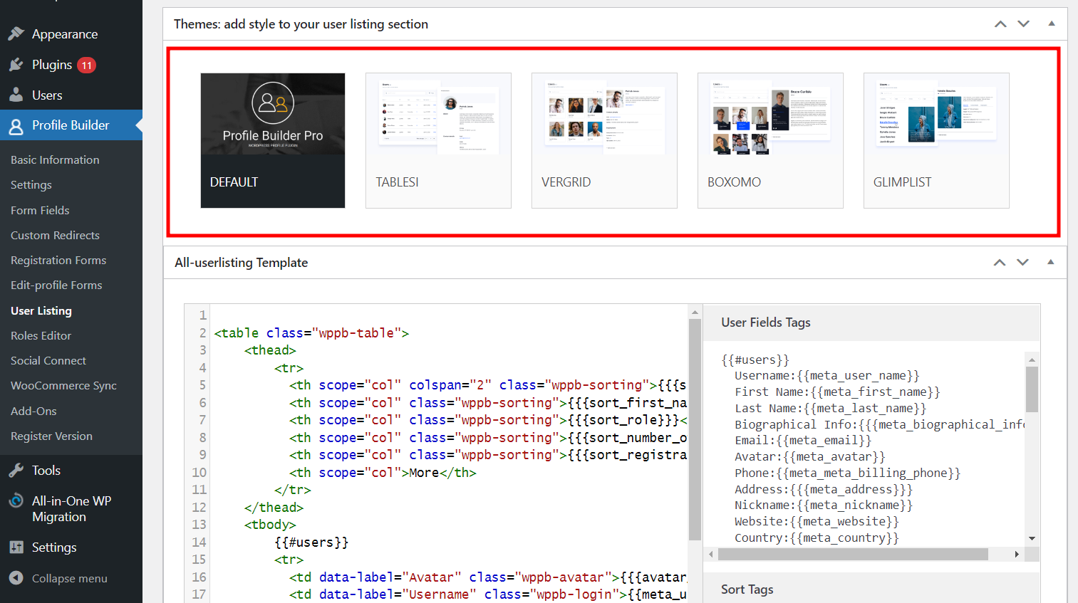 WordPress user listing templates