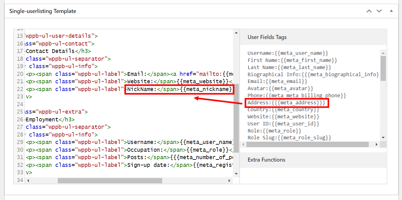 Editing the user listing template