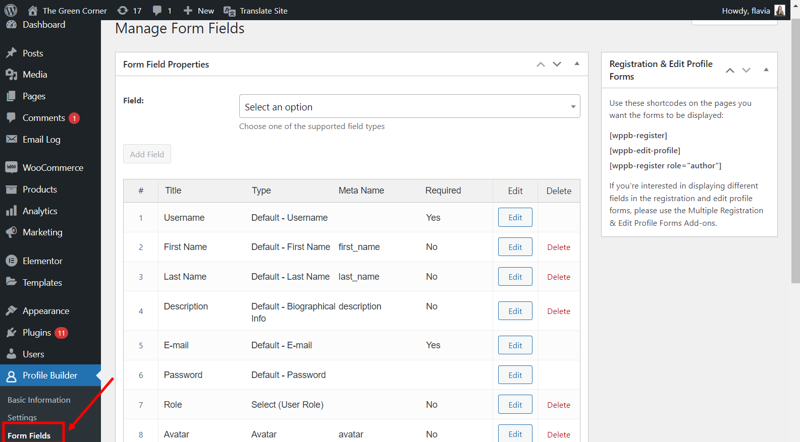 Managing Profile Builder form fields