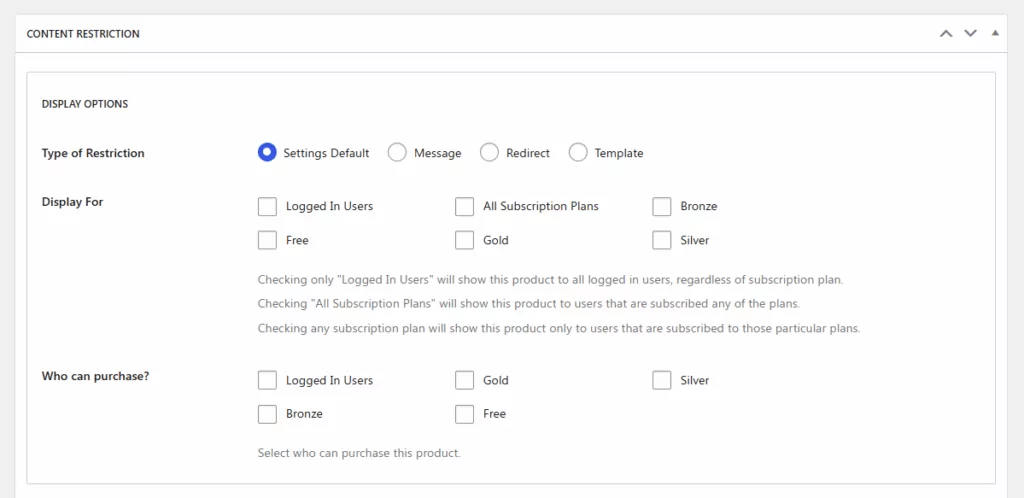 Types of content WooCommerce product restriction