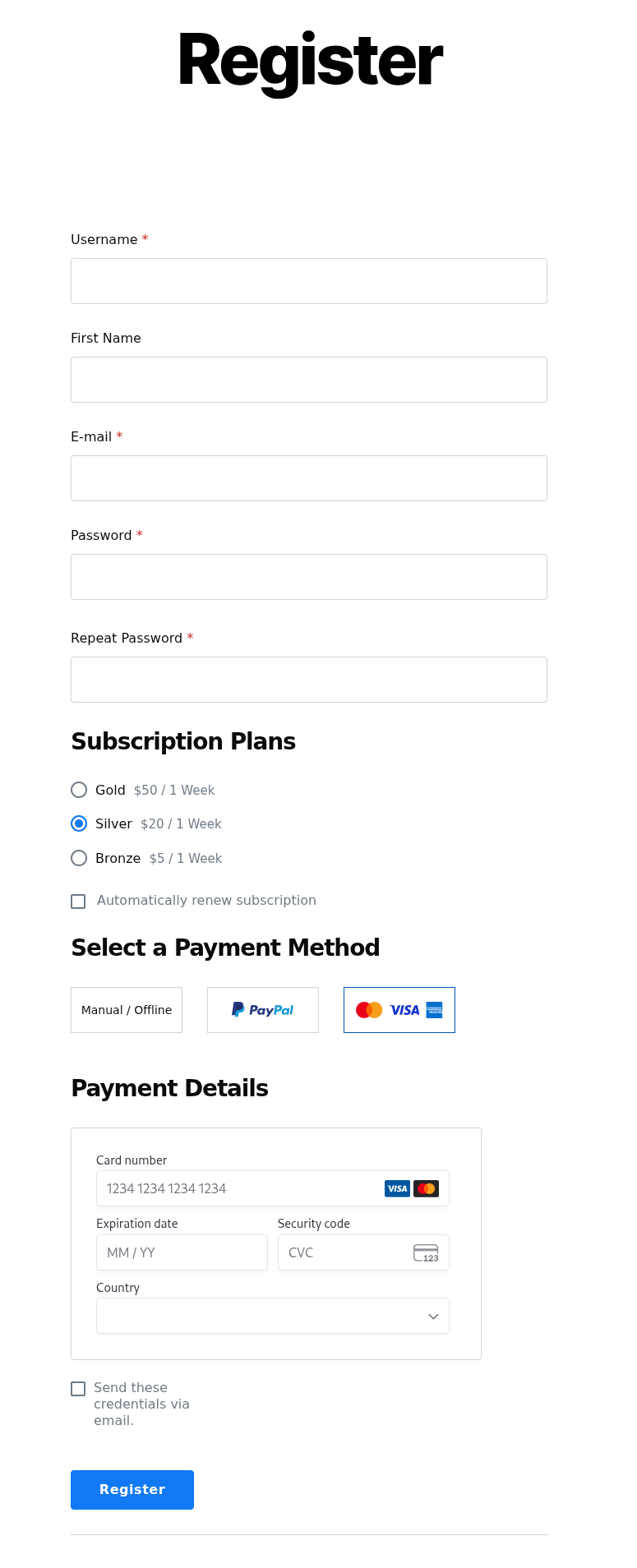 profile builder registration form subscription plans field front end