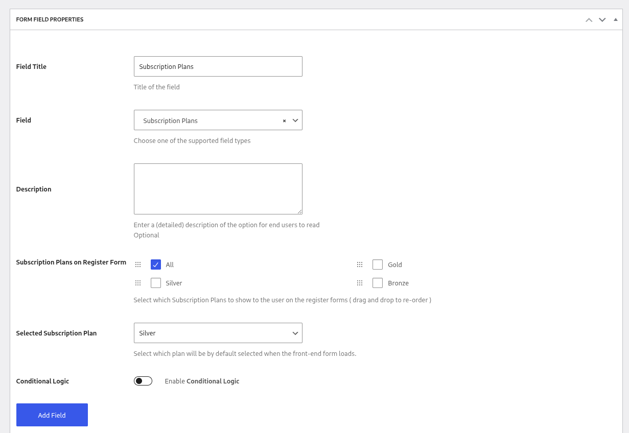 profile builder subscription plans field settings