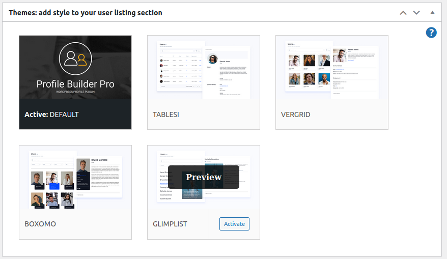 Image 11 shows how to preview, then activate the themes of the member directory templates