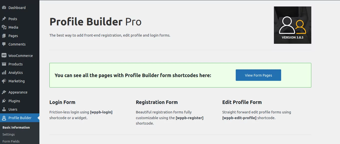 Image 2 shows where to click the 'View form pages' button to see pre-create Profile Builder pages to be used by the member directory templates