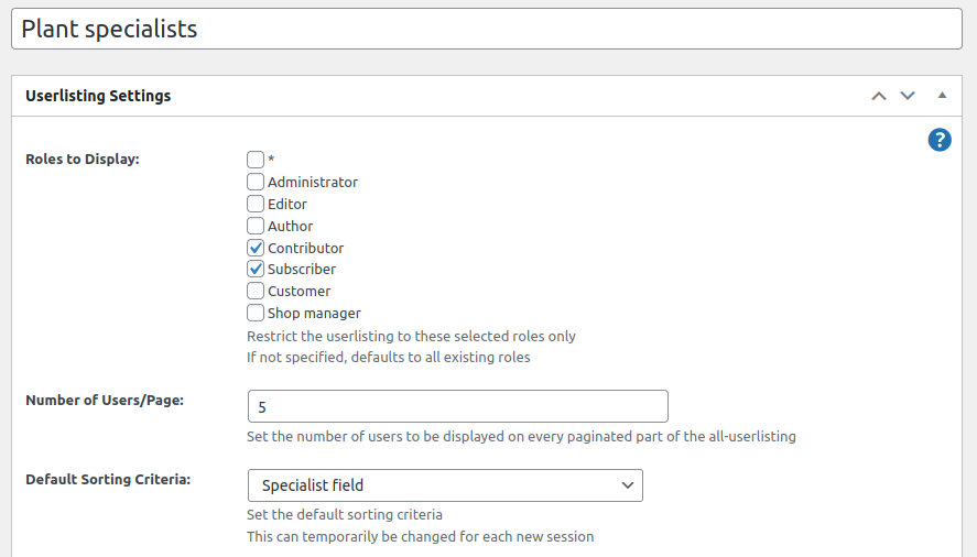 Image 7 shows how to add a new user listing with the title Plant Specialists, selected Contributors, and Subscribers using the fields common to all member directory templates