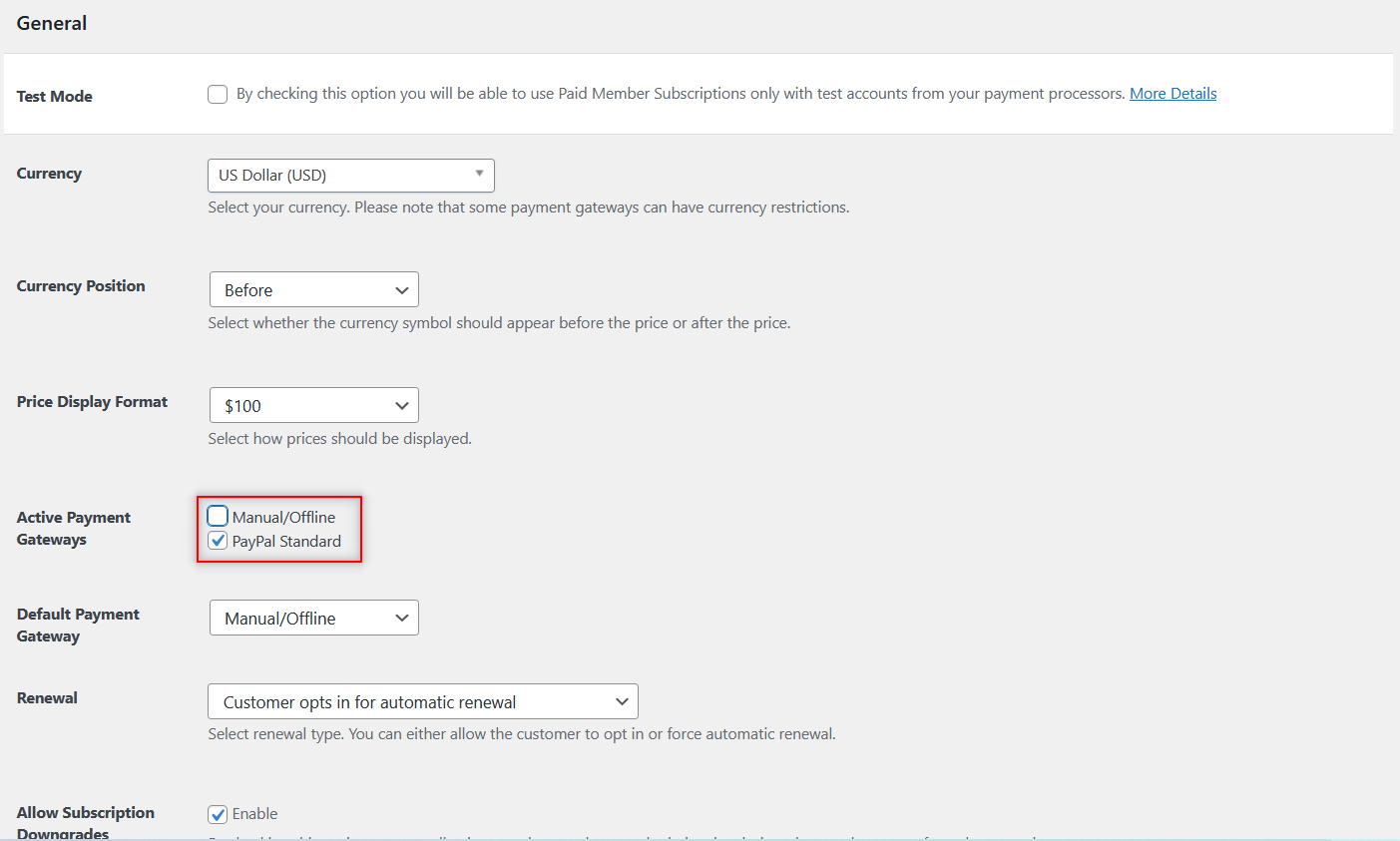 PMS PayPal payments settings