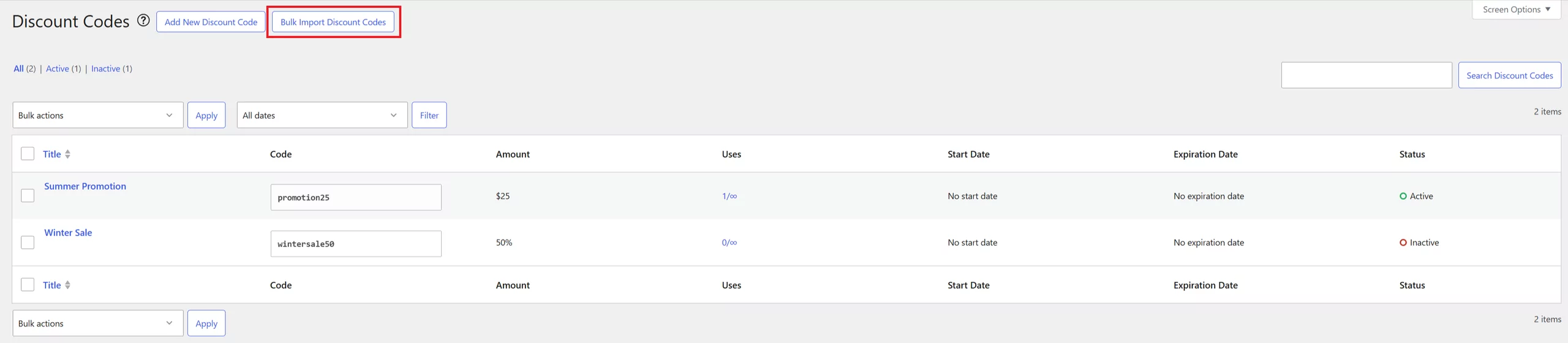 Showcasing the bulk import discount code button