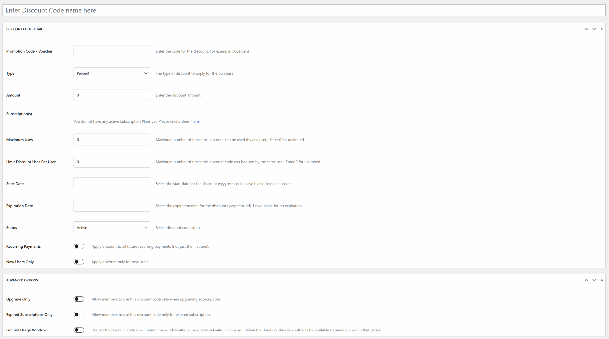 Adding a new discount code, showcasing the available options.