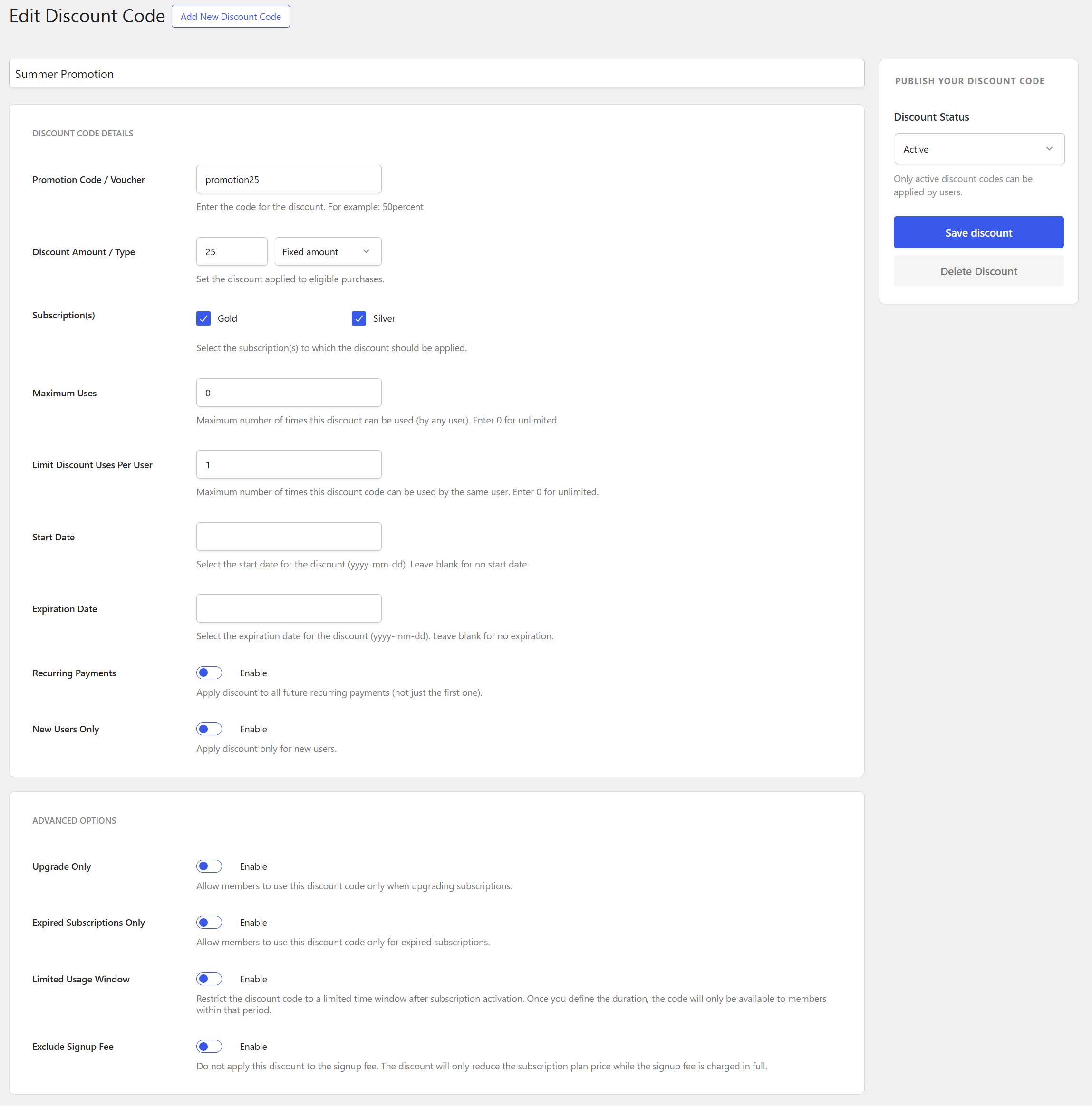 Editing a discount code