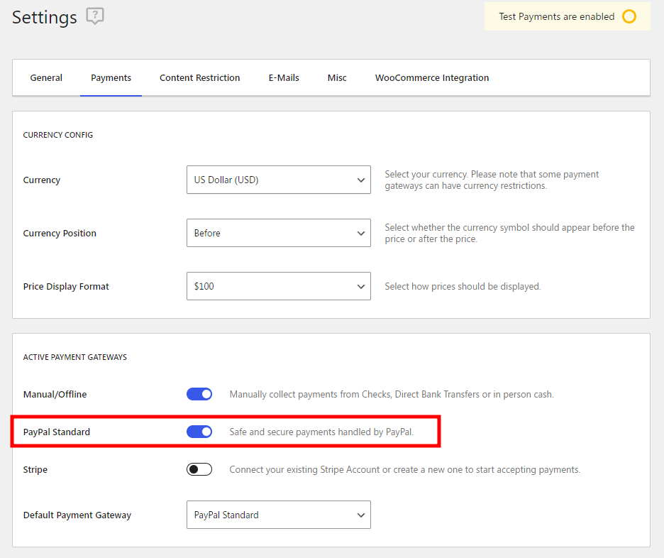 PMS PayPal payments settings