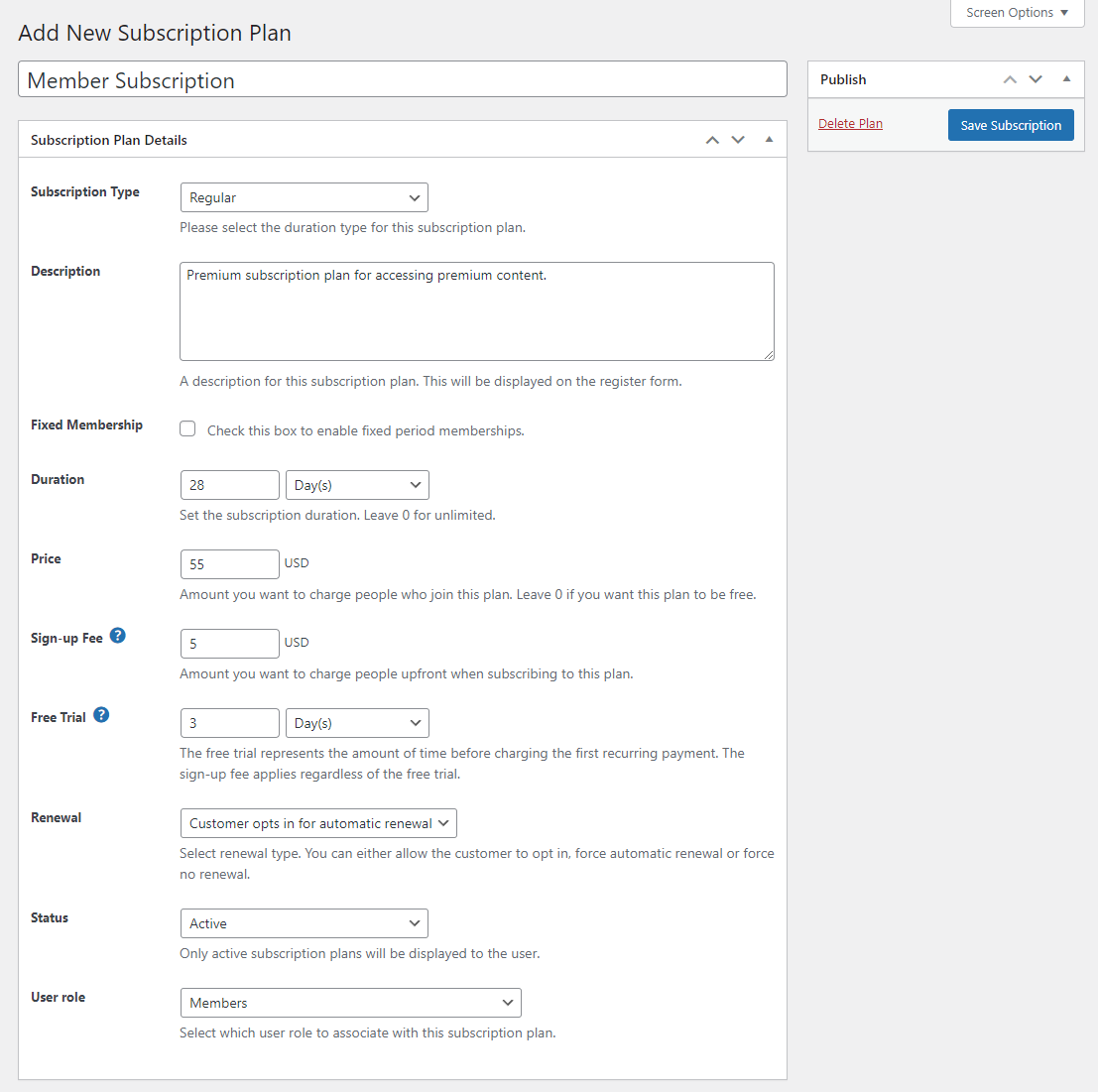 Member subscription plan