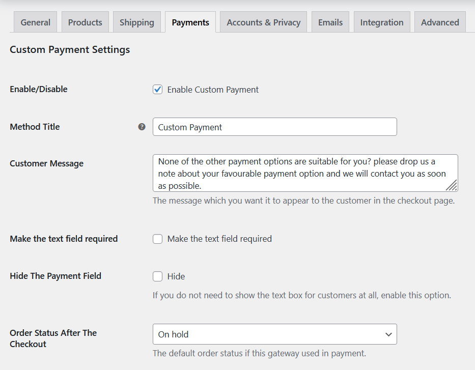 WooCommerce custom payment gateway plugin