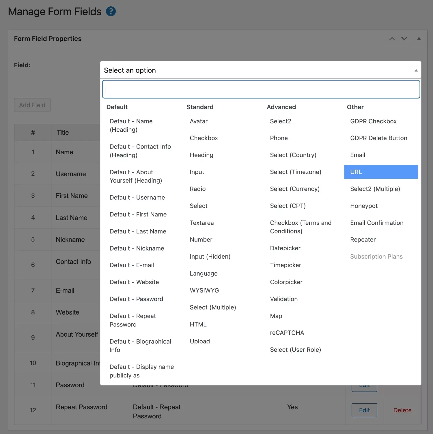 Profile Builder field options