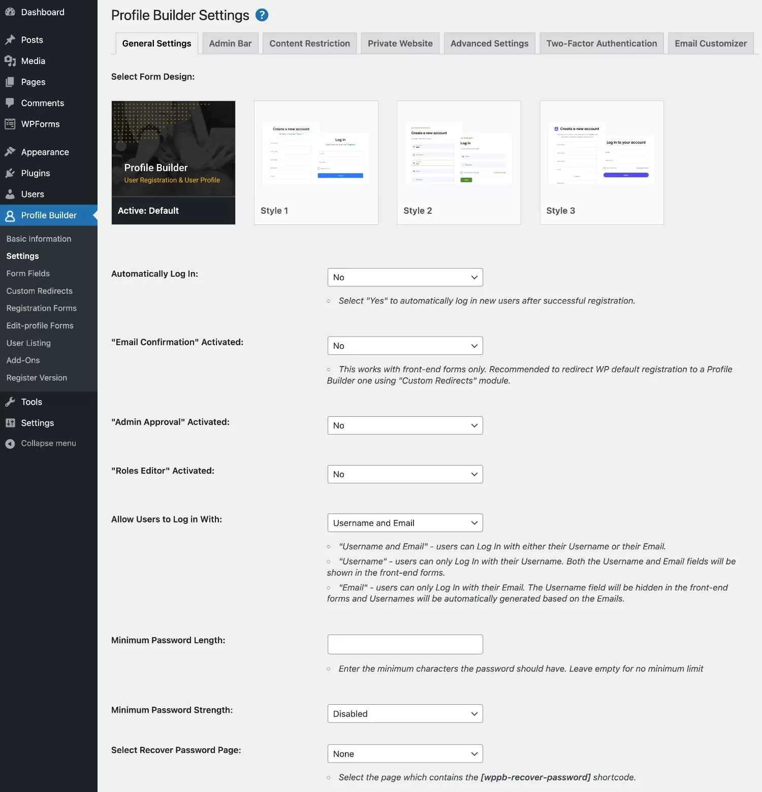 Profile Builder options as a WPForms free alternative for user registration