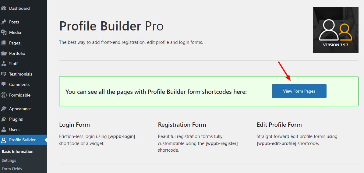 view profile builder form pages